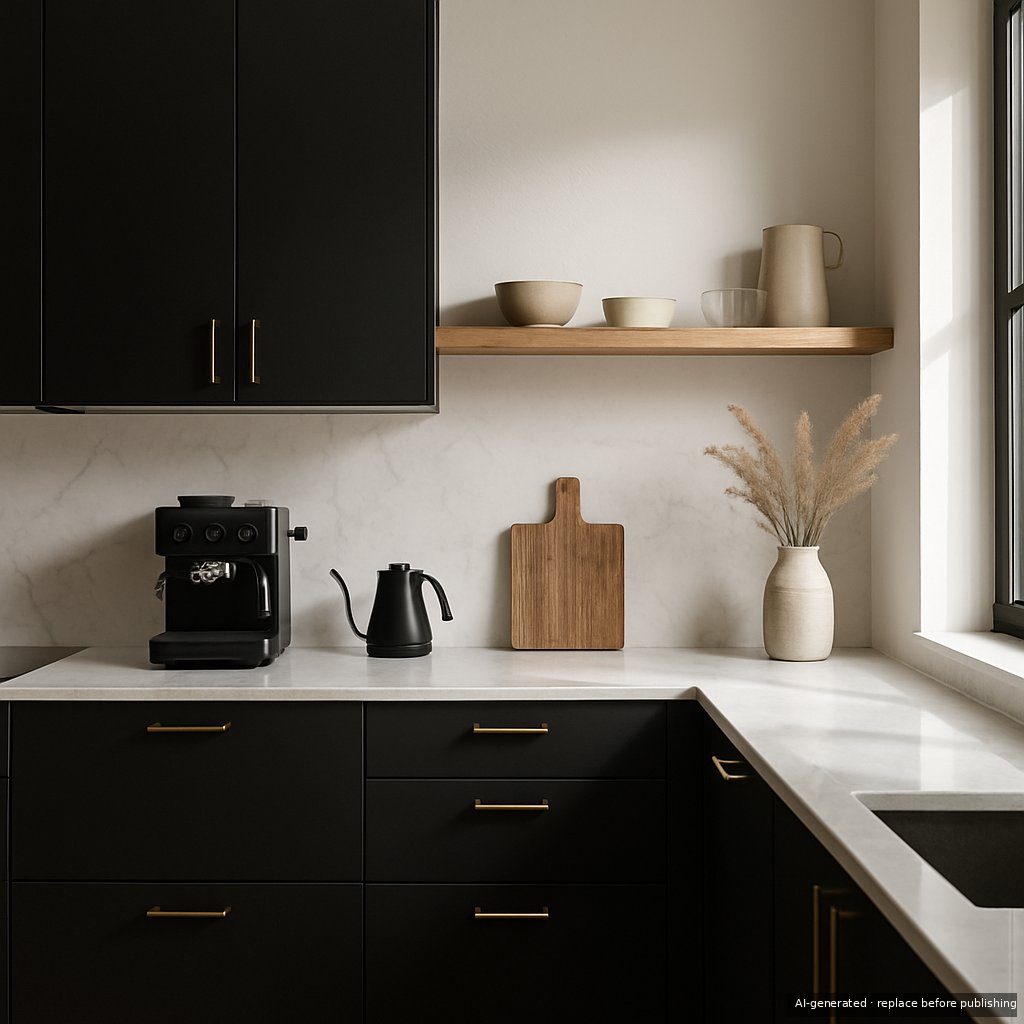 Serdika Roof kitchen, black cabinets with oak shelves